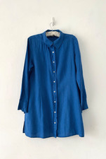Boden 100% Linen Shirt Tunic Women Raw Edge Longline Blue Long Sleeve Size 16