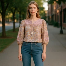 * RACHEL ZOE Oversized Pink Paisley Print BOHO Style Peasant Top Ladies SMALL