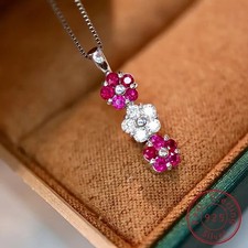 2Ct Round Lab Created Pink Ruby Flower Pendant 14K White Gold Plated 18" Chain