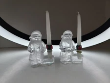 2 Biedermann Crystal Glass Santa Candle Holder With Candles Apx 2.25 X 1.75 