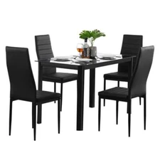Set of 5 Dining Table Set Rectangle Tempered Glass Table & 4 High Backrest Chair