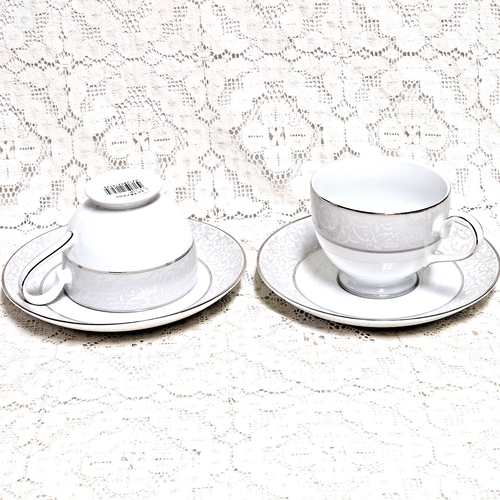 Mikasa Parchment Cup & Saucer Sets L3438 Scrolls Thailand Platinum 2 Sets New - Picture 2 of 8