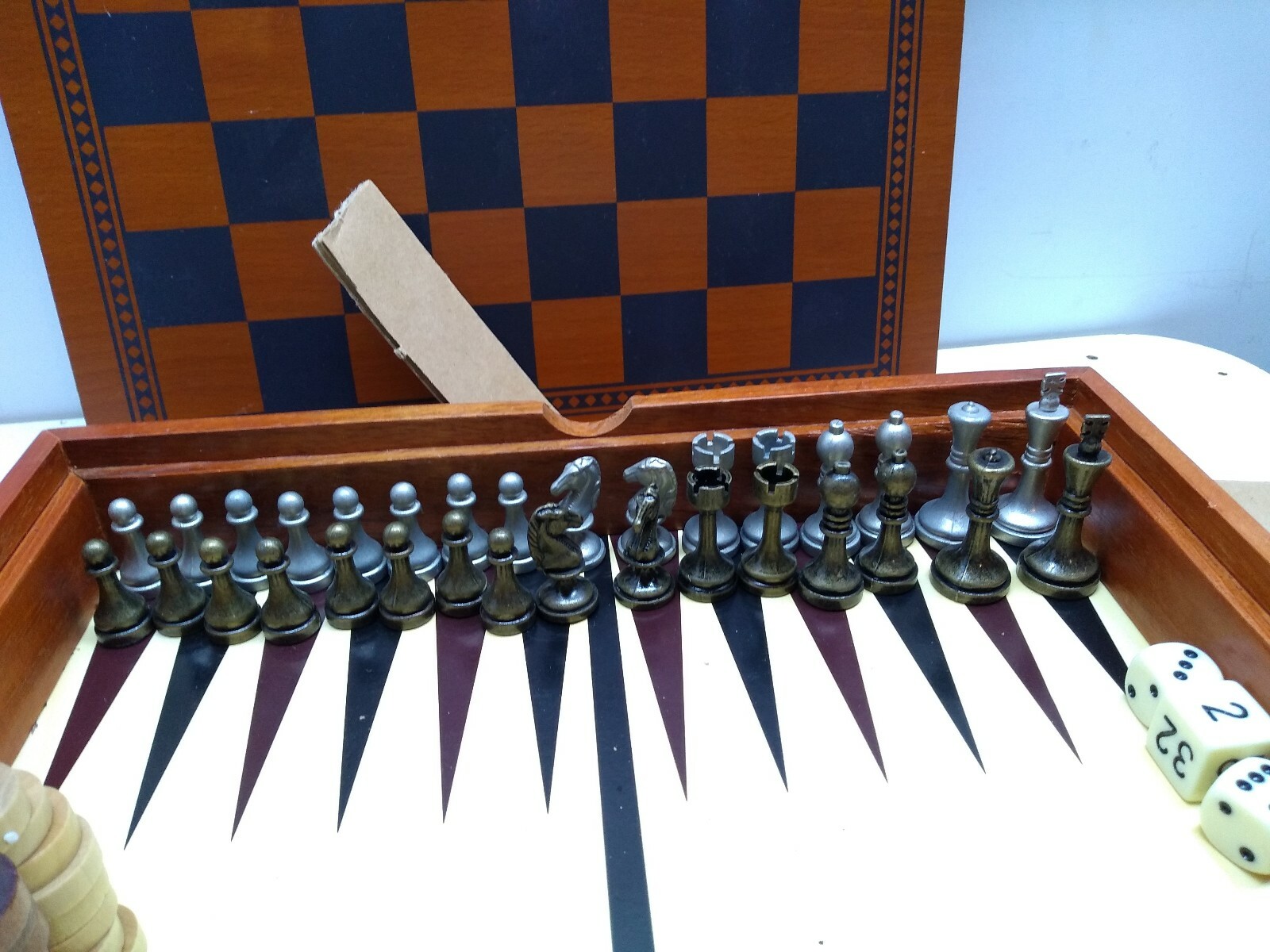 Cardinal 4 Game Set Chess Checkers Backgammon Tic Tac Toe Pewter & Wood ...