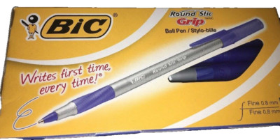 BIC Round Stic  MEDIUM 1.0 mm white barrel ball point pen 1box(12 PCS) -BLUE-New