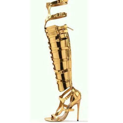 Womens Roma Shoes Sandals Buckle Over Knee High Heel Gladiator Gold Boots  Plus | eBay