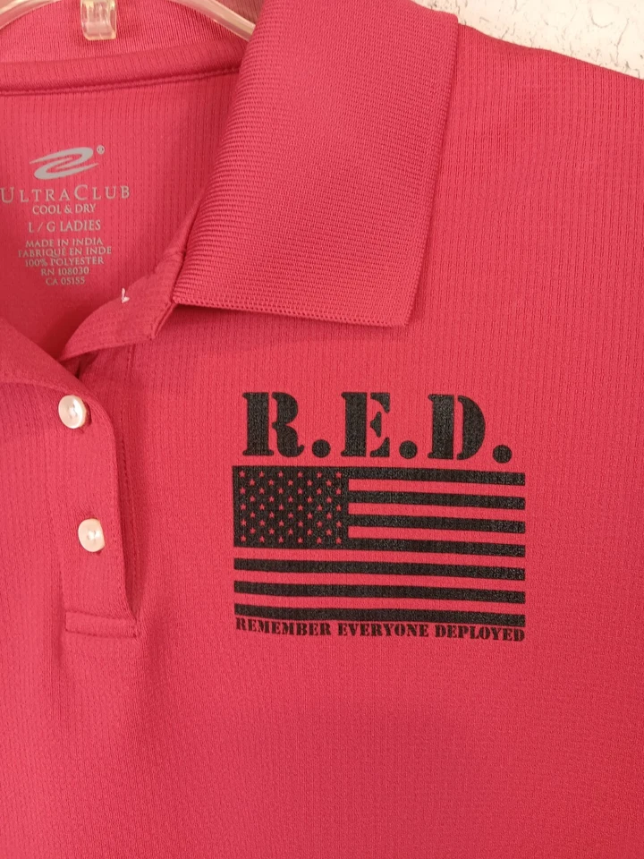 RED Remember Everyone Deployed women's golf polo shirt Military Sleeve Emblem LG - Image 3 of 4