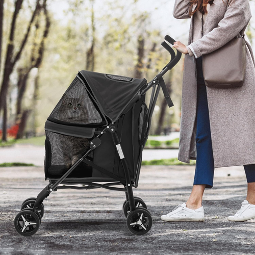4 Wheels Pet Stroller, Easy-Fold Puppy Cage Jogger Stroller with Sun Cover, Pad - Picture 3 of 11