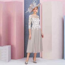 Simple Illusion Scoop Applique Mother Dress with Half Sleeve Tea LengthProm Gown