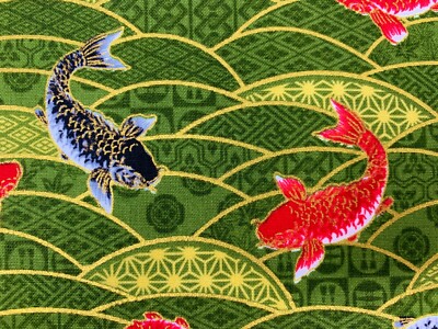 Fischstoff, Orientalischer Koi Karpfen, Japanisch Grün Gold Baumwolle, Chinesisch Asiatisch