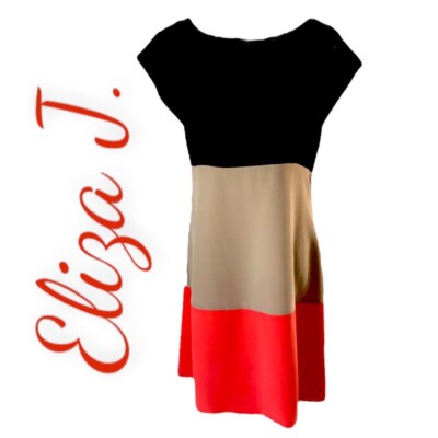 ELIZA J 100% Silk Royal Collection Color Blocked Shift Dress Navy Beige, Size 8