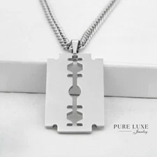 Men's 20"Stainless Steel Cuban Curb Chain.Blade razor Pendant High Polish*Box