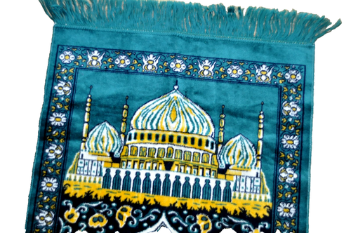 Velvet Saudi Arabia Prayer Rug Tapestry 48 X 25 Turquoise Green Mosque Fringe - Picture 2 of 4