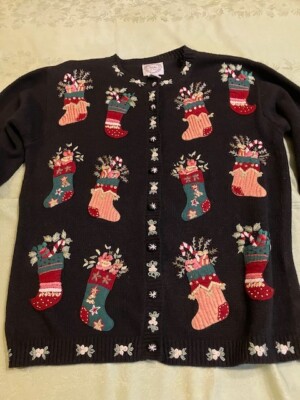 Womens Large Stitches In Time Christmas Cardigan Sweater Stockings Candy  Canes
