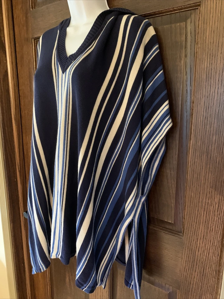 Forever 21 Pullover Sweater Poncho Hooded Blue Beige Striped Size Medium - Image 2 of 4