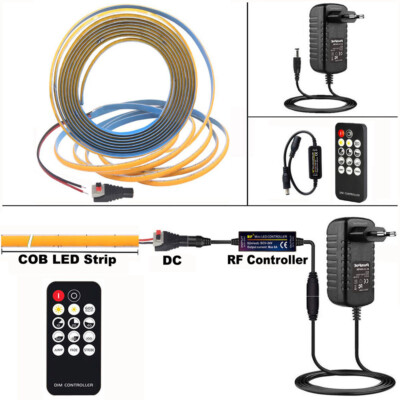 1m~5m COB LED Strip Lights 5mm 400LED/m With RF Remote Dimmable Power Supply Kit