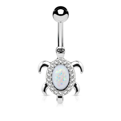 Opal Sea Turtle Belly Button Ring Pierced Navel CZ Paved Surgical Steel Piercing