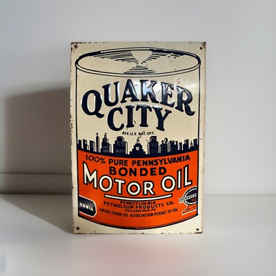 QUAKER CITY MOTOR OIL EMBOSSED SST SIGN W/ QUART CAN FREE SHIPPING 