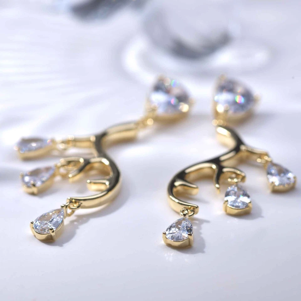 Gold horn antler stud simulated diamond cz earrings 925 silver dangle tear drop Foto 4 de 4