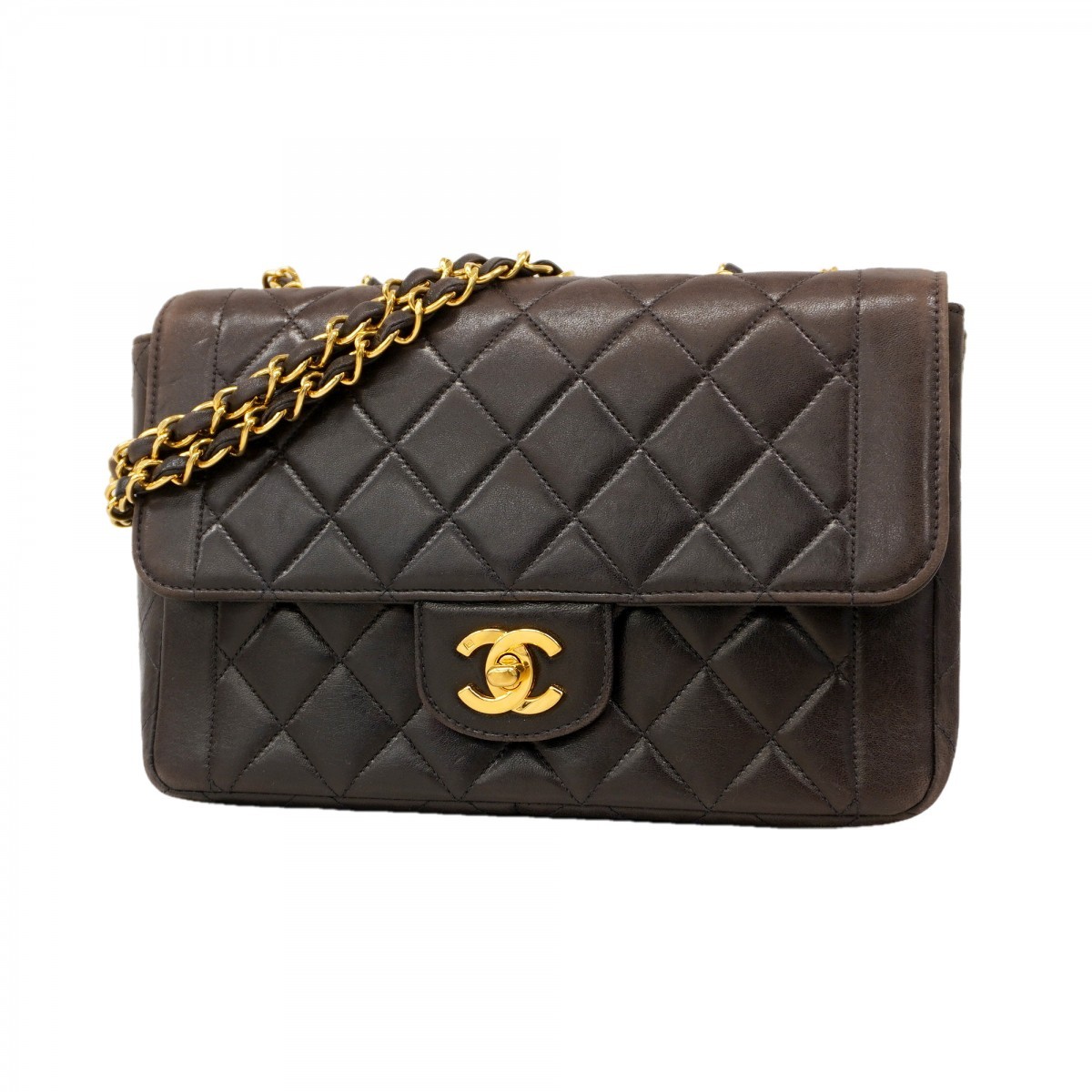 Auth [6ba1137] CHANEL Shoulder Bag Matrasse WChain Lambskin Black Gold metal...