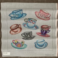 Handpainted Needlepoint Canvas Studio 2 Teacups Medley Read Description