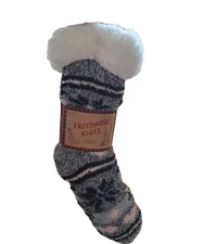 Treehouse Knits Sherpa Lined Fuzzy Snowflake Heart Slipper Socks Gray Pink White