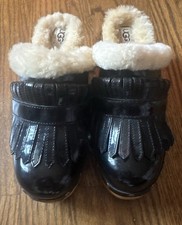 Ugg Black Patent Leather Kiltie Clog Platform Detatchable Fringe Shearling Sz 7