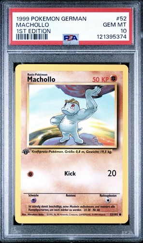 First Edition Machop 1999 Pokemon GERMAN 1st Edition Base Set Machollo-Machop 52/102 PSA 10 ...