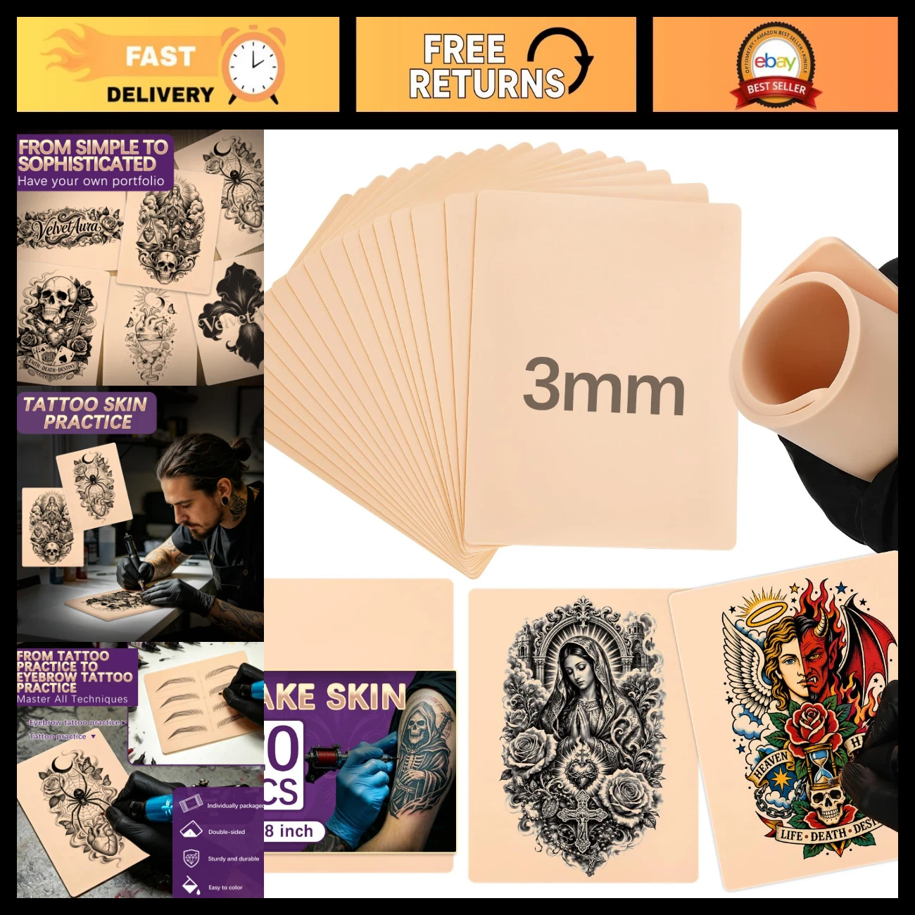 3mm Blank Fake Skin - Double Sided Tattoo Practice Skin for Artists & Beginners image 1