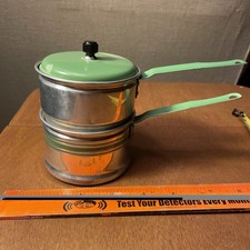 vintage Children  s Toy enamelware double boiler, bright green enamel finish