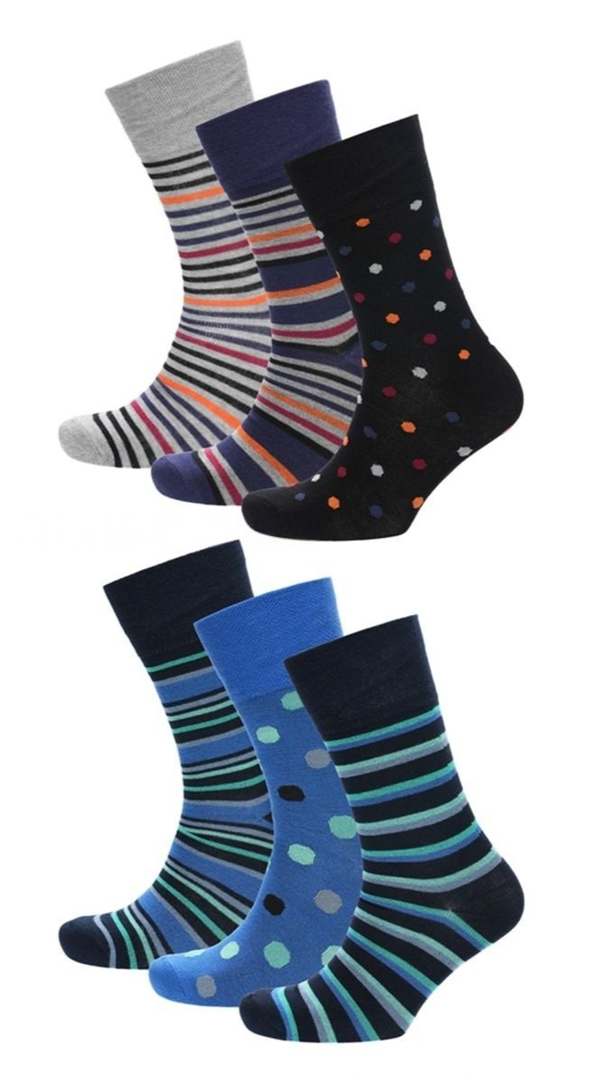 6 Pairs Mens Assorted Stripes Heel Toe Non-Elastic Bamboo Socks