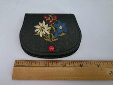 Fiocchi Italy Black Leather Floral Embroided Change Purse Coin Double Pocket Vtg