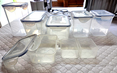 NEW 6-pc Lock & Lock Plastic Storage Containers rectangle clear w/blue rims