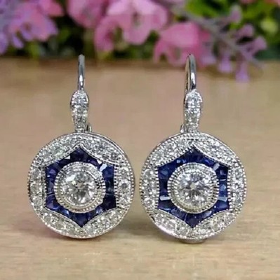 Art Deco Vintage Style Lab-Created Diamond & Sapphire Earrings 14k WGold Plated