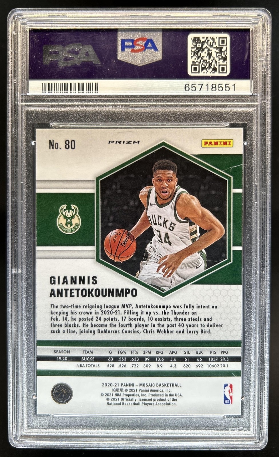 2020-21 Panini Mosaic Giannis Antetokounmpo Genesis #80 Bucks PSA 10 GEM MINT view 2