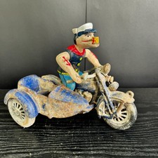 Vintage Cast Iron Popeye on Patrol ike with Sidecar Blue Repro Moves Works Good