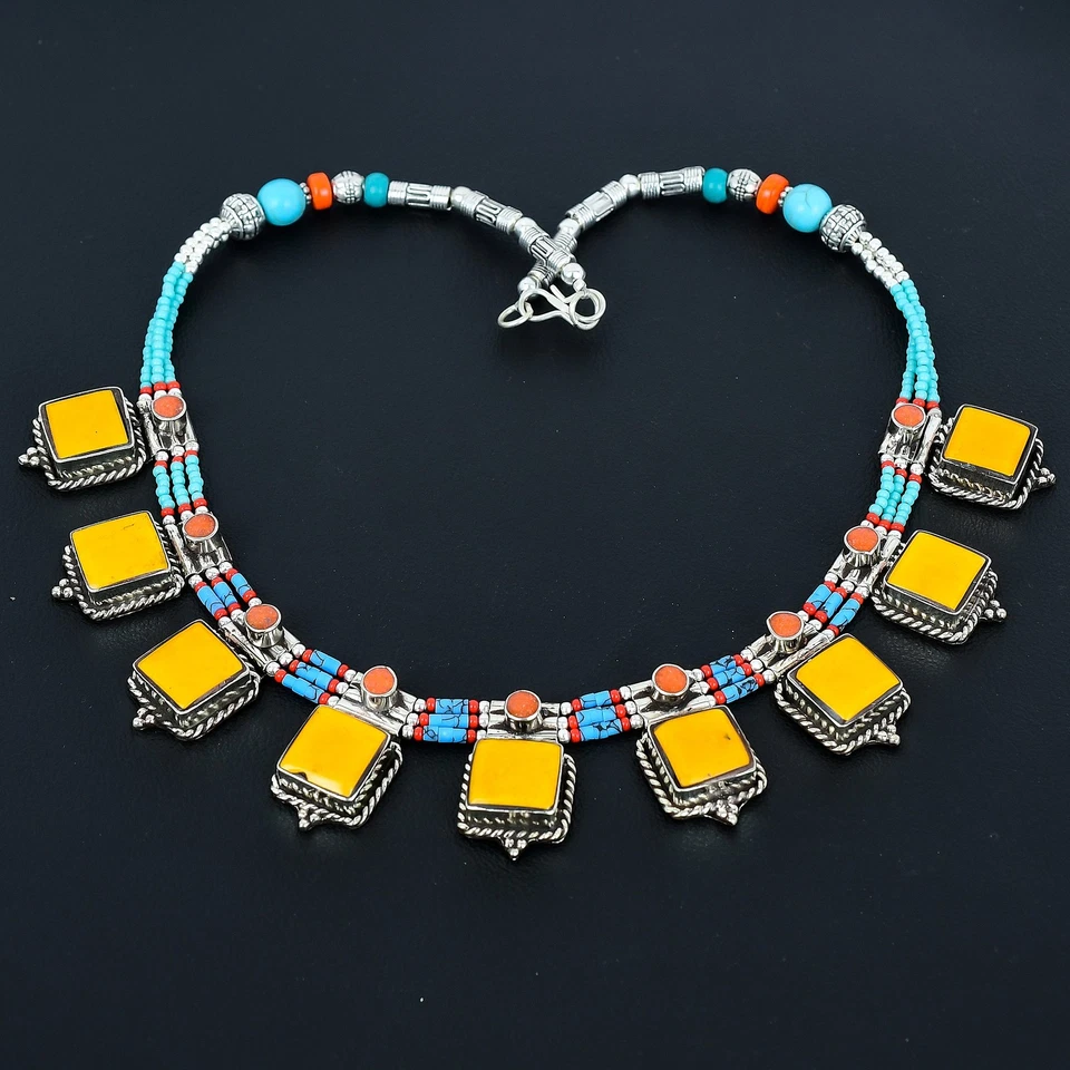 Colar nepalês étnico tibetano prata esterlina 925 turquesa coral amarelo 18" i5 - Imagem 2 de 4
