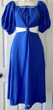 FARM Rio Blue Solid Off Shoulder Cutout Knot Puff Sleeve Midi Dress Size S