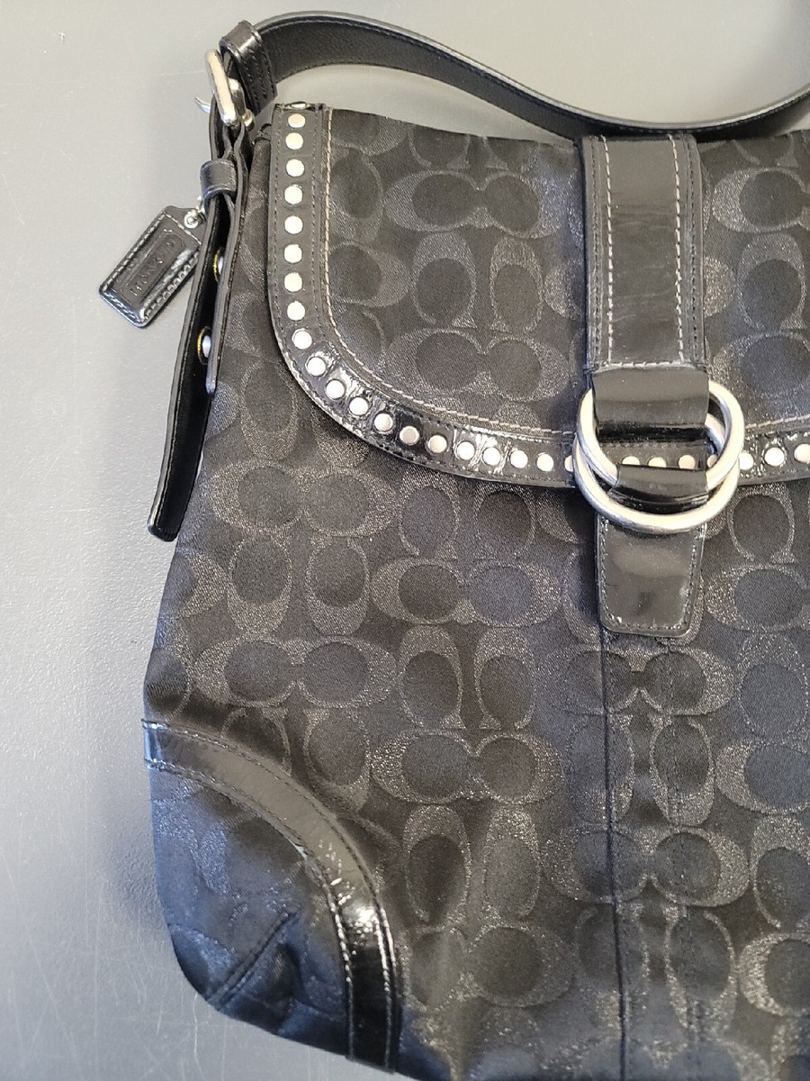 COACH F12852 Black Metallic Signature C Studded Flap