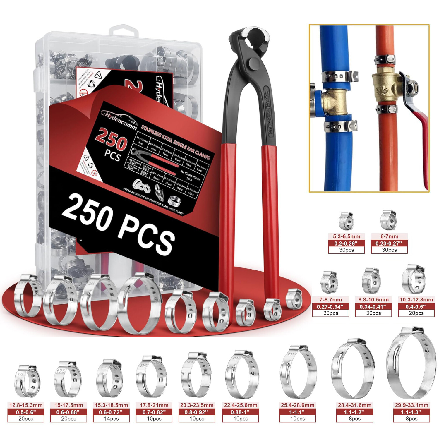 304 Stainless Steel Ear Hose Clamps Plier 250PCS Single Ear Stepless Hose Clamps