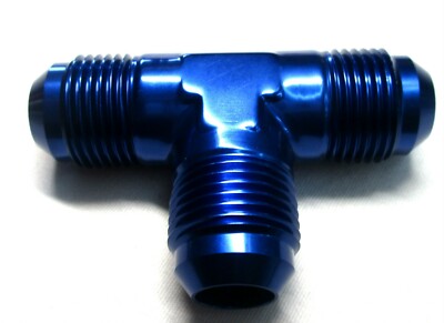 10 AN Male Tee Fitting Show Polished Blue Anodized Aluminum