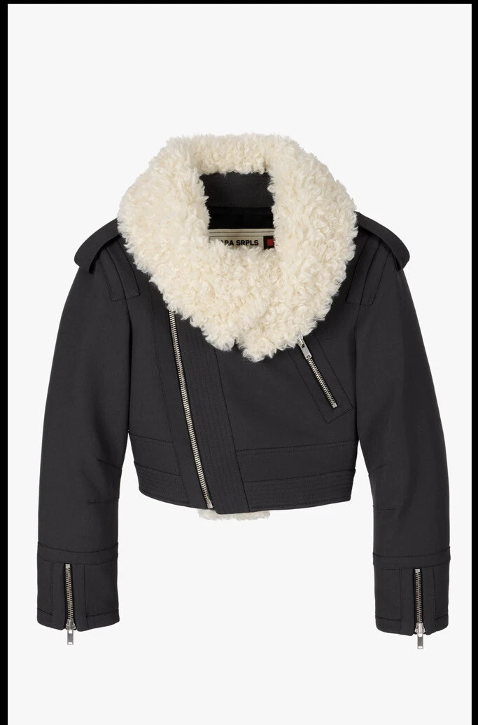 RARE ZARA SHORT BIKER JACKET GRAY FAUX FUR COLLAR ZIP CLOSURE XS 9391 751