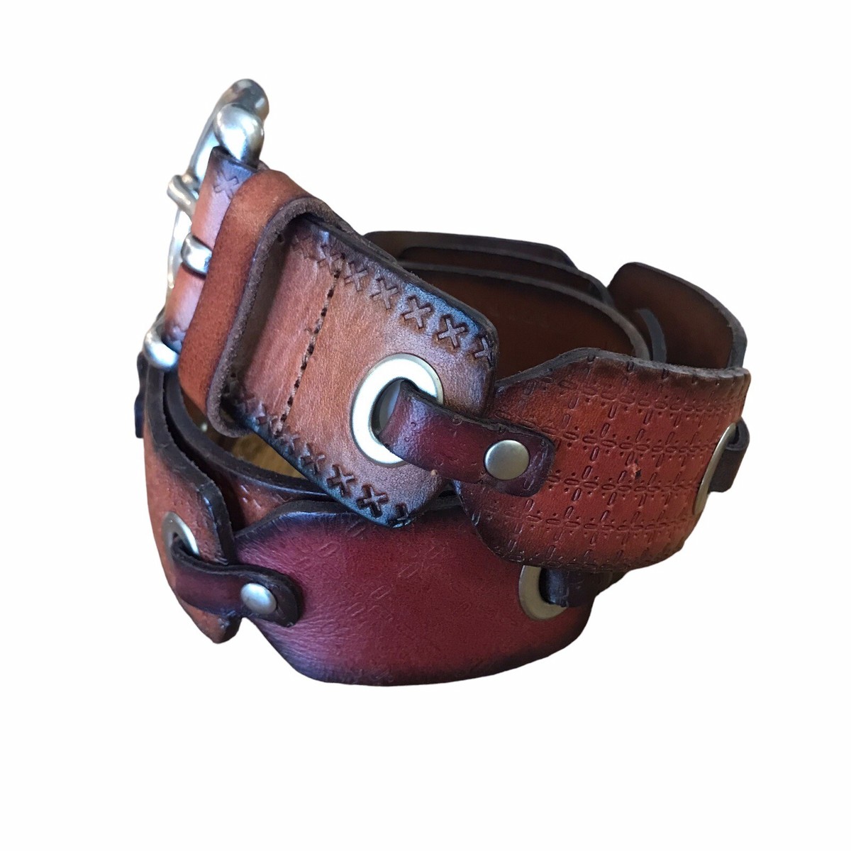 Fossil Embossed Multi Color Leather Belt Brass Buckle 