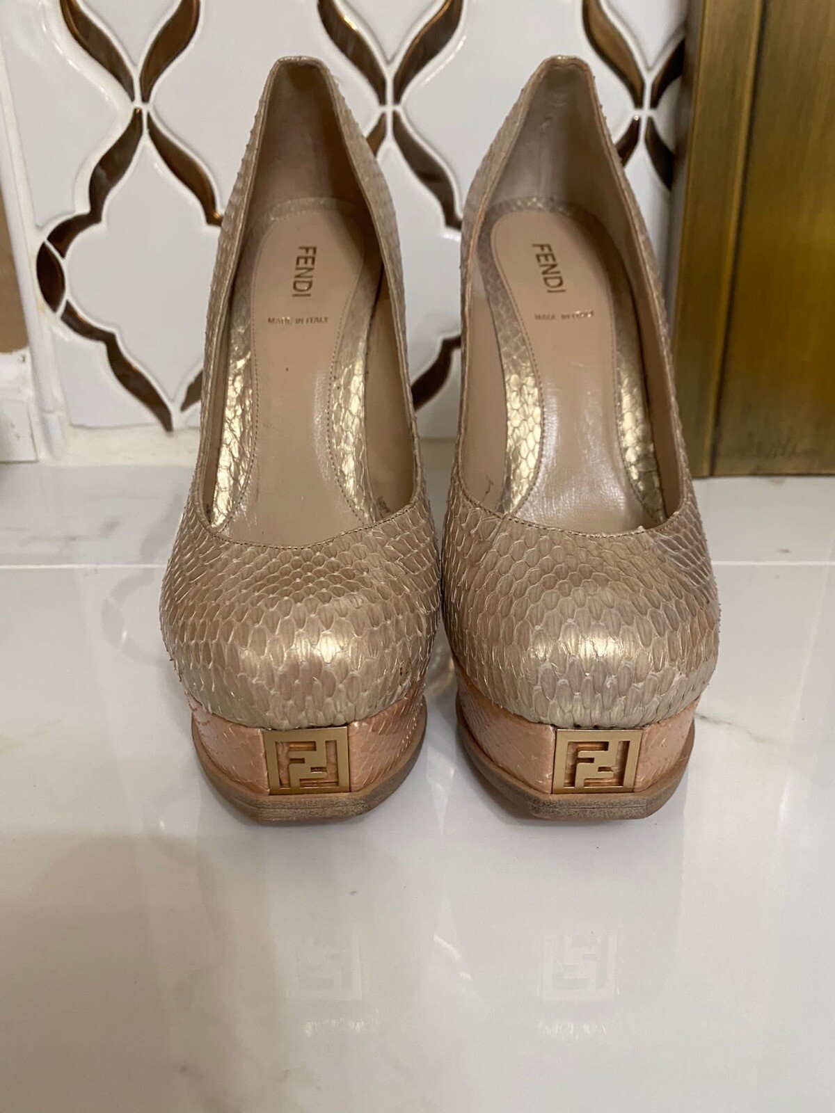 FENDI Beige Python Platform Gold Textured Snakesk… - image 1