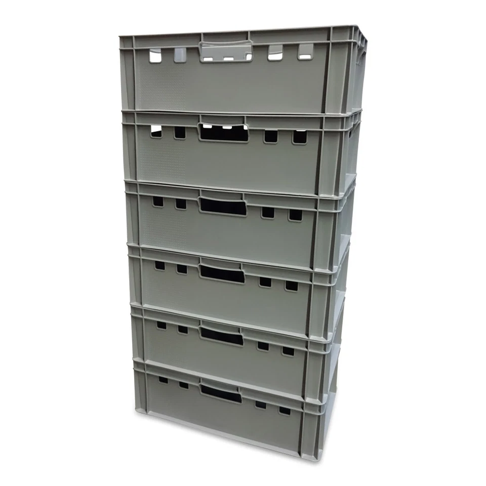 6 Stück E2 Eurofleischkiste Stapelkiste Box Metzgerkiste lebensmittelecht grau.