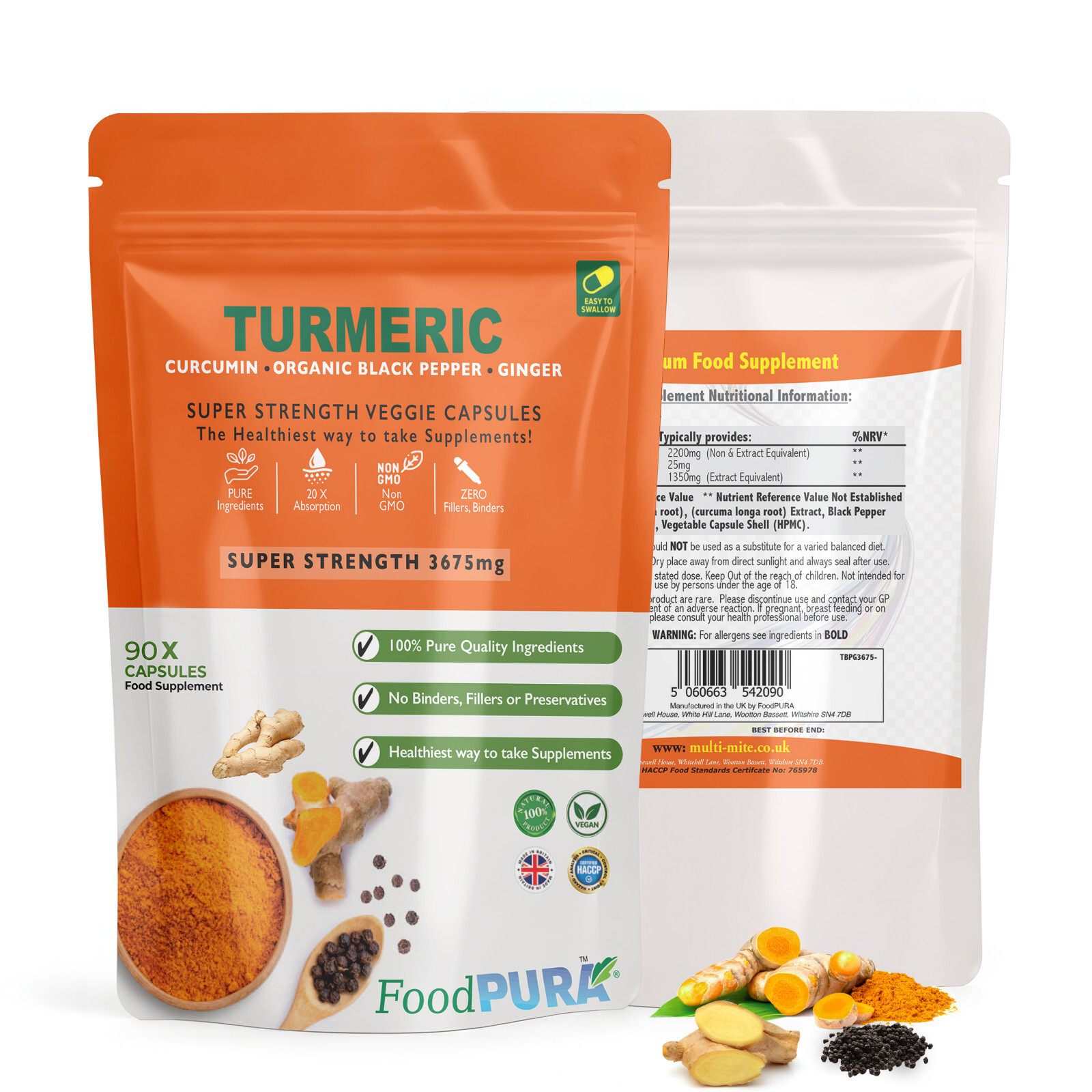 Turmeric (Curcumin) Capsules 3675mg + Organic Black Pepper + Ginger 90 Capsules