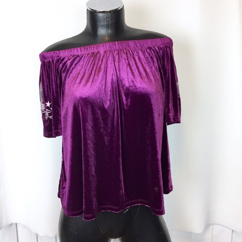 Top Xhilaration donna XS viola velluto spalle scoperte rondine uccellino rockabilly - Foto 2 di 11