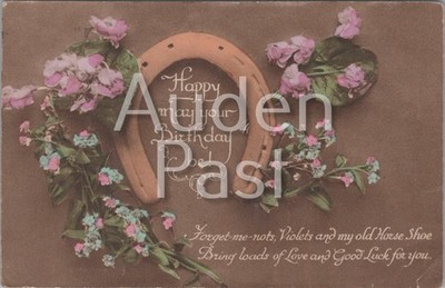 Clifton Happy Thought Geburtstag Postkarte Hufeisen Veilchen Vergissmeinnicht