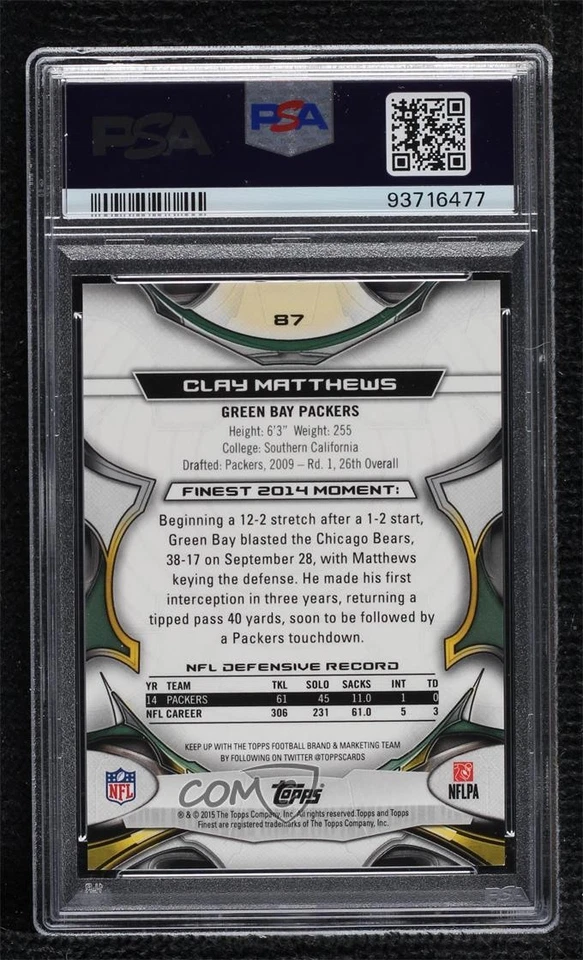 2015 Topps Finest Diamond Refractor /60 Clay Matthews #87 PSA 10 GEM MT - Image 2 of 2