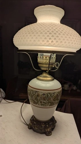 Beautiful Vintage Hobnail Milk Glass Floral Hurricane Lamp 22" Tall