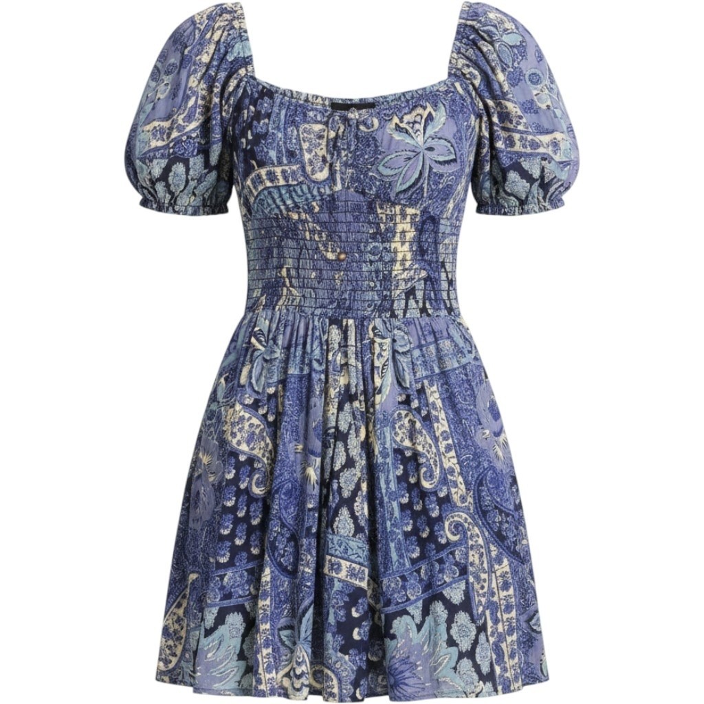 Angie Blue Paisley Smocked Mini Dress Puff Sleeve Boho Floral Rayon Womens Small